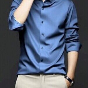 Silk Iron-Free Elastic Men's Long-Sleeved Shirt Solid Color Silky Business Casu…